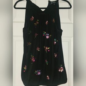 INC International Concepts Medium Floral Embellished Black Sleeveless Top